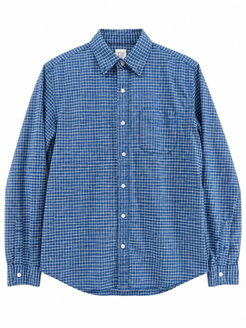 GAP Men’s Button Down Shirt, Blue & White Micro Grid Check, US Medium